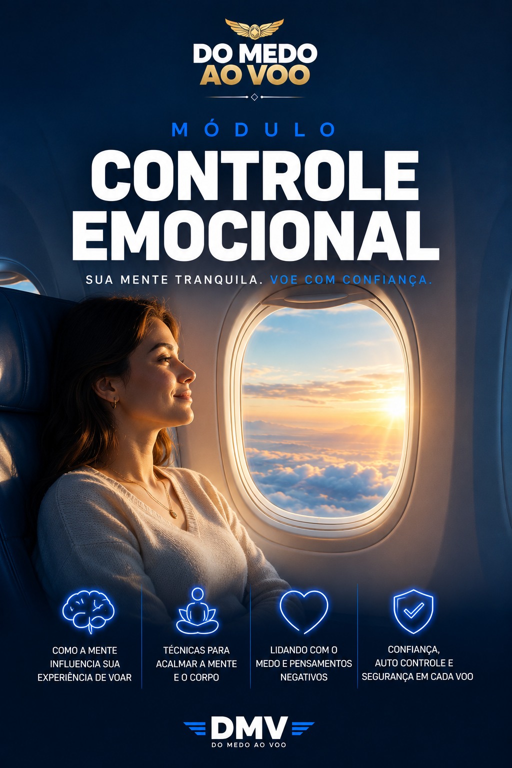 Módulo Controle Emocional em Voo — passageira tranquila observando a janela do avião